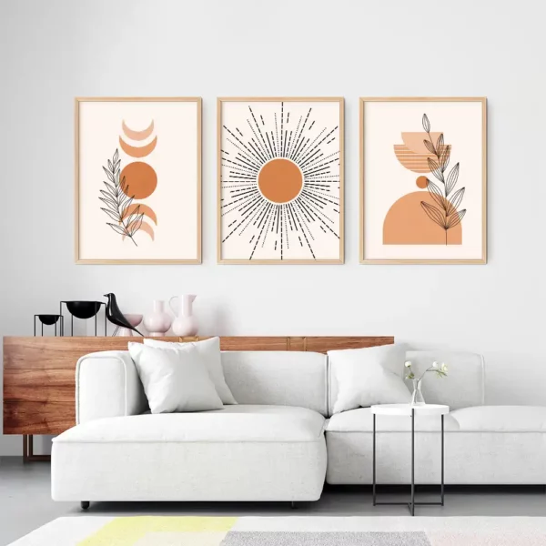 Boho sun and moon set of 3 prints, minimal boho art digital download