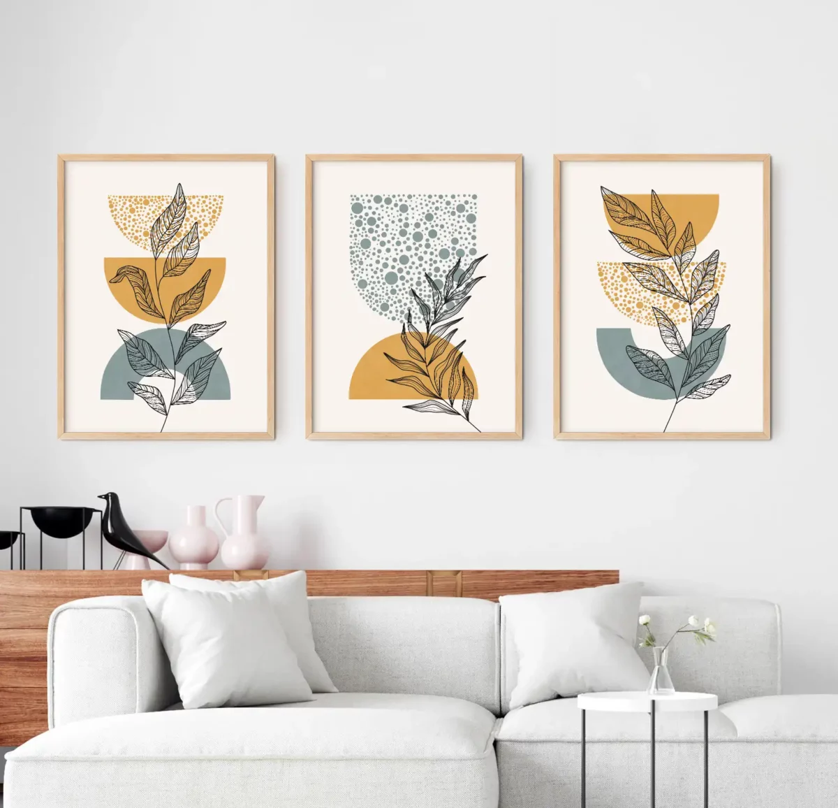 Boho art geometric wall art set of 3, blue yellow abstract botanical prints digital download