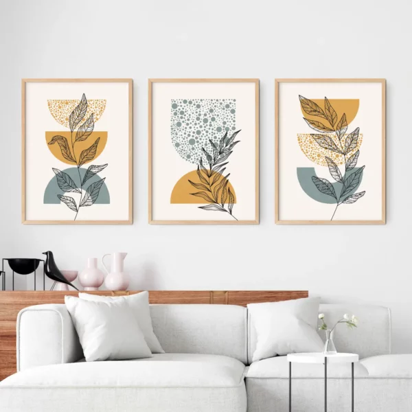 Boho art geometric wall art set of 3, blue yellow abstract botanical prints digital download