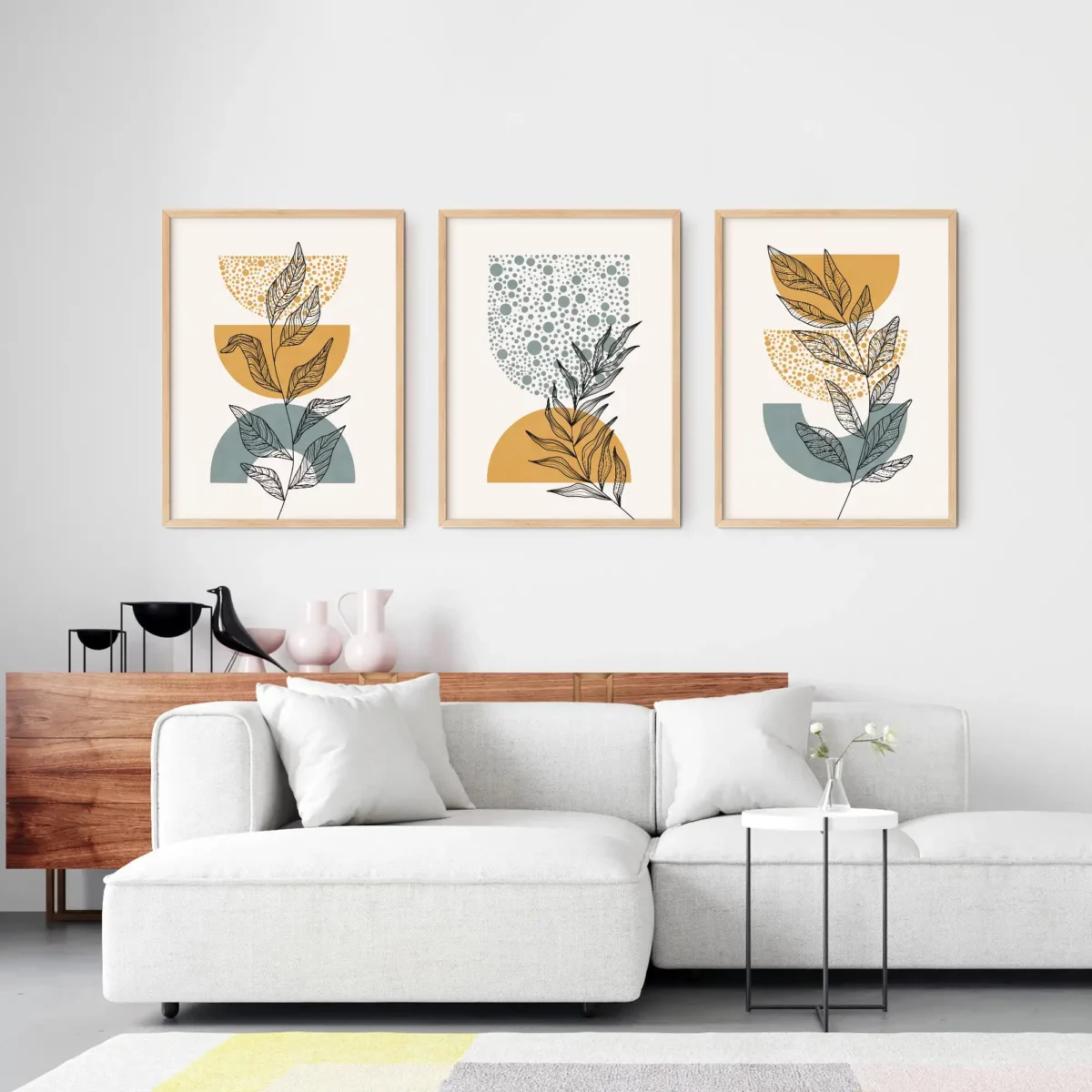 Boho art geometric wall art set of 3, blue yellow abstract botanical prints digital download