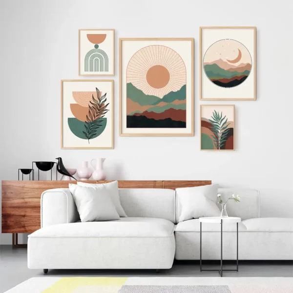 Mid Century Modern Gallery Wall Set of 5, Boho Geometric Sun