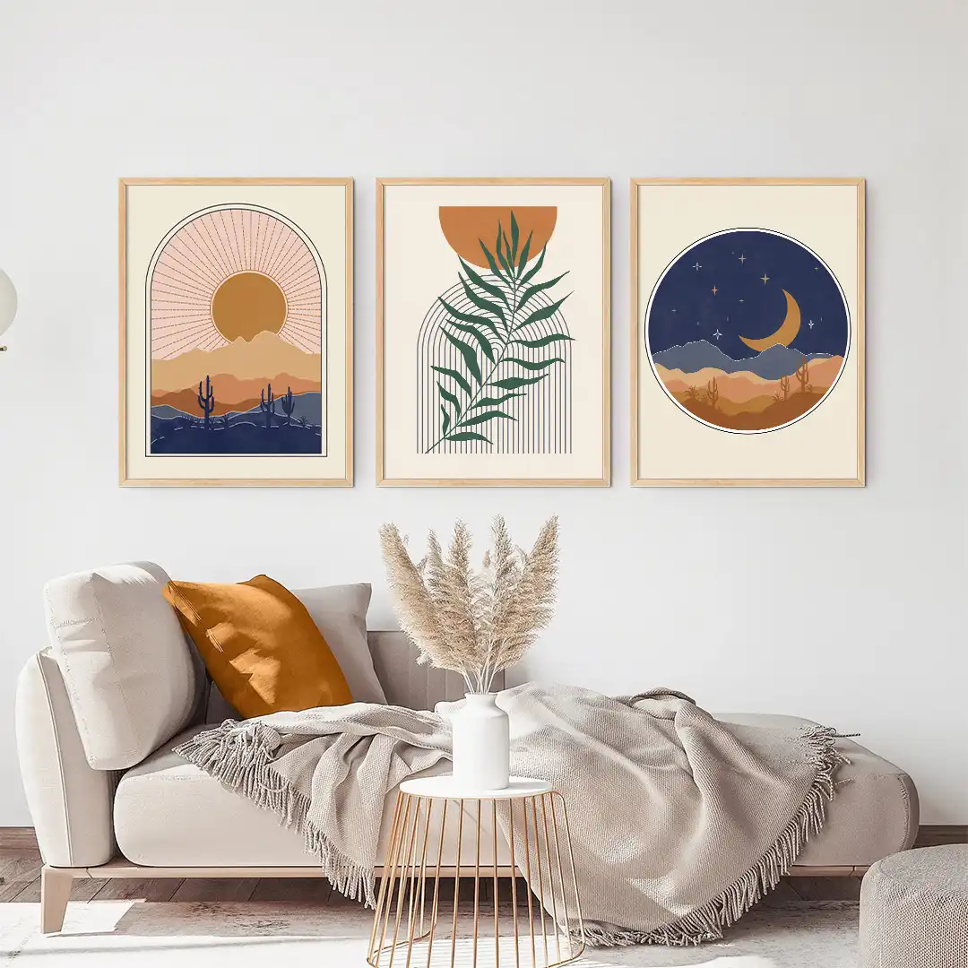 Boho Art Print Set of 3, Sun and Moon Geometric Wall Art, Abstract